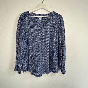 Chico's Womens Blue & White Geometric Balloon Sleeve V-Neck Top Size 1, Medium